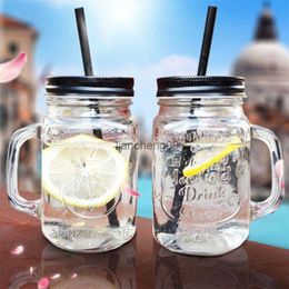 450ml Mason Jar Mugs with Handles Old Fashioned Glass Bottle Juice Drink Clear Glass Water Bottle With Cover Straw Drinkware Cup L230620