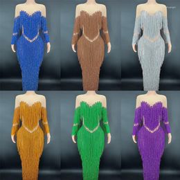 Stage Wear Multicolor Diamond Tassles Long Dress Sexy Fringe Trail Evening Birthday Celebrate Costume Women Prom Dresses XS5055