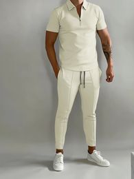 New Solid Color Men's Suit Summer Casual Short Sleeve Polo Shirt Calf Pants for Men Streetwear Male Tracksuit 2-piece Set