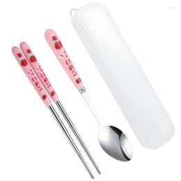 Dinnerware Sets Strawberry Set Stainless Steel Fork Spoon Chopsticks 3 In 1 Travel Tableware With Case For