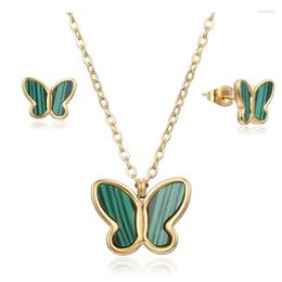 Necklace Earrings Set Stainless Steel Cute Butterfly Acrylic Shell Green Black White Lucky Flower Stud Pendant Women Jewelry