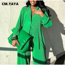 Women s Tracksuits CM YAYA Pleated Set Long Sleeve Shirt Tops and Straight Wide Leg Pants Elegant Tracksuit Two 2 Piece Fitness Outfits 230629