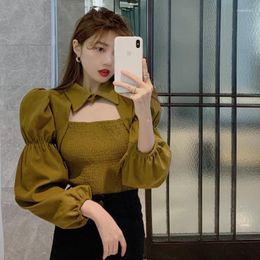 Women's Blouses Hollow Out Spring Autumn Women's Clothing Crop Top Puff Sleeve Fashion Brand Solid Shirts Korean Ladies Tops