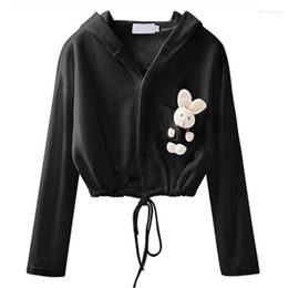 Women's Hoodies Ladies Cute Bear Cropped Tops Sweatshirts Women Button Hooded Patchwork Pullovers Blouses Plus Size Black White