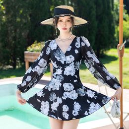 Women's Swimwear 2023 Latest Long Sleeve One Piece Swimming Suit Print Modest Black Summer Beach Wear Ladies Female Bathing Suits Dress