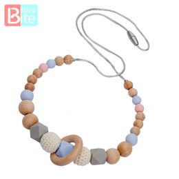 Baby Teethers Toys Baby Teething Chew Necklace Silicone Necklace With Wooden Ring Food Grade Beads Long Chain Wooden Toys Gift For Baby Teether 230629