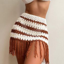 Skirts Fashion Knitting Beach Holiday Skirt Knitted Hand Hook Striped Fringe Cover Hollow Out Summer Patchwork Tassel Mini