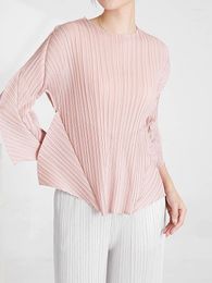 Women's T Shirts Miyake Pleated Versatile Women Style Folded Type Long Sleeve Design Summer Irregular O-neck Elegant Solid Colour Fashion