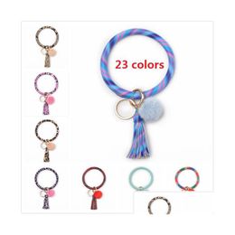 Keychains Lanyards 23 Colours Tassels Bracelets With Plush Ball Leather Wrap Key Ring Keychain Wristband Sunflower Drip Oil Circle Dhxiz