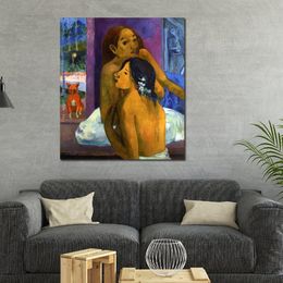 Two Women Aka Flowered Hair Handmade Paul Gauguin Painting Landscape Impressionist Canvas Art for Entryway Decor