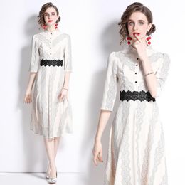 Dresses Fashion Designer Embroidery Midi Dresses Women Elegant 3/4 Sleeve Lace Patchwork High Waist A Line Vintage Party Dress