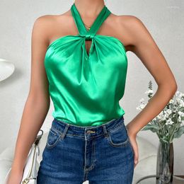 Women's Tanks EBAIHUI Clothing Hanging Neck Lace Up Jade Green Satin Micro Elastic Tank Sling Spandex Loose Sexy Spicy Girl Tops