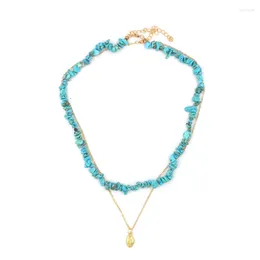 Pendant Necklaces Light Yellow Gold Colour Irregular Shape Green Turquoises Stone Link Chain Necklace Ethnic Style Jewellery