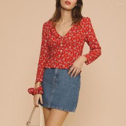 Women's Blouses Tops Women 2023 Fashion Womens Floral Print V Neck 3/4 Sleeve Front Button Fitted Ruffle Hem Vintage Elegant Blouse Top