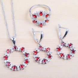 Necklace Earrings Set 2023 Red Stone White Zirconia Women's Silver Color Earrings/Pendant/Necklace/Rings QZ0412