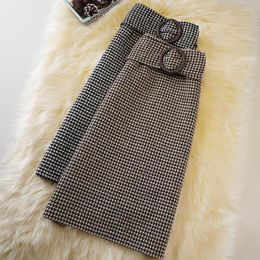 Skirts Houndstooth Plaid Woollen A-line Skirt Women Fashion High Waist Hip Wrap Medium Length Split One-step