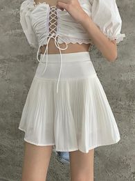 Dresses Houzhou White Pleated Mini Skirts Woman Sexy Cute Korean Fashion High Waist Patchwork Aline Solid Short Skirt Casual Summer