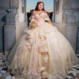 Luxury Champagne Shiny Quinceanera Dresses Beads 3DFlower Appliques Sweet 16 Dress Vestido De 15 Anos Lace-Up Prom Party Dress