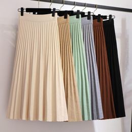 Skirts Autumn Winter A-line Pleated Long Knitted Elegant Candy Colour Below Knee Knit Green Coffee Ivory