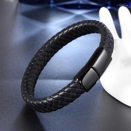 Charm Bracelets Punk Men Jewelry Black Red Braided Leather Bracelet Stainless Steel Magnetic Clasp Fashion Bangles Wrap