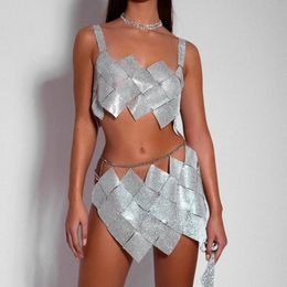 Two Piece Dress Women 2 Piece Set Shiny Crystal Sexy Hollow Out Sleeveless Backless Halter Tank Top Metal Chain Diamond Mini Skirt 230628