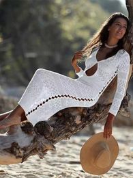 Women's Swimwear 2023 Bohemian Long Crochet Knitted Beach Cover Ups Bikini Swimsuit Up Wear Pareos De Playa Mujer