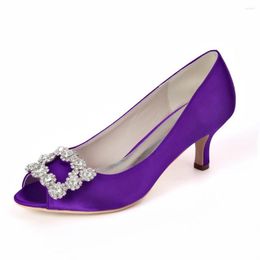 Dress Shoes Elegant Square Crystal Brooch Lady Satin Evening Open Toe Bridal Wedding Party Prom Cocktail Pumps 2 Inch Heels Blue