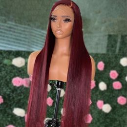 150%Density 26Inch Wine Red Soft Long Silky Straight Natural Hairline Glueless Lace Front Wig For Women