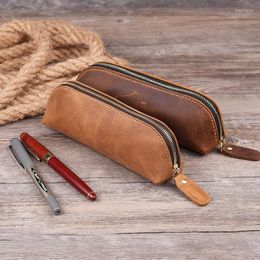 Vintage Retro Style Handmade Genuine Leather Pencil Bag Cowhide Zipper Pen Case Glasses School Office Stationery