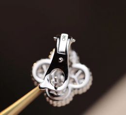 V gold material 1.5cm flower Charm clip earring with sparkly diamond in 18k Rose gold plated women wedding Jewellery gift have stamp box PS7033