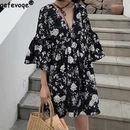 Dress Summer New Fashion Casual Floral Loose Dress Deep V Neck Wear Before and After Plus Size Dresses Refreshing Korean Women Clothes