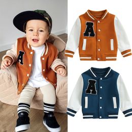 Jackets Toddler Baby Boy Girl Baseball Jacket Varsity Bomber Jackets Coat Colour Block Button Down Casual Sports Outwear 230628