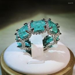 Cluster Rings Classic Paraiba Sapphire Baguette Full Diamond Couple Ring For Women Geometric Zirconia Silver Plated Anniversary Gift Jewelry