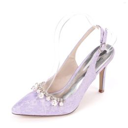 Zapatos de vestir Bombas de encaje elegantes Slingback Punta estrecha Tacones altos con perlas Broche de cristal Nupcial Boda Prom Lady Lavender Ivory