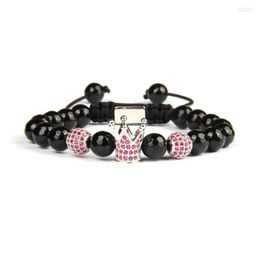 Strand Natural Faceted Onyx Stone Pink CZ Crown Charm Couples Bracelet Laser Printing Logo On Back Beads Drop Ship Jewelry