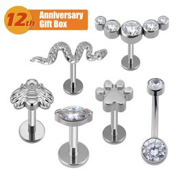 Navel Bell Button Rings Combination 6PCS ASTM 36 Implant Grade 16G Snake Paw Print Bee Marquise CZ Labrets 14G Belly Ring 230628