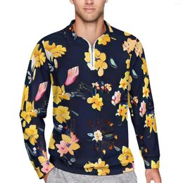 Men's Polos Yellow Floral Casual T-Shirts Vintage Flower Print Polo Shirt Men Y2K Spring Long Sleeve Custom Clothes Big Size 4XL 5XL