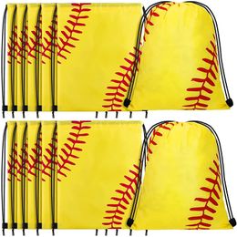 50pcs Stuff Sacks Polyester Yellow Baseball Printing Waterproof Protable Sport Gym Drawstring Backpack Bag