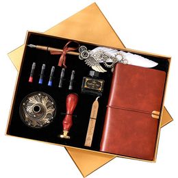Pens Creative Retro Feather Pen Set With Ink Bag Custom Ink Extraction Tube Pen Feather Notebook Fire Paint Seal Stationery Gifts Box