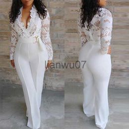 Women's Jumpsuits Rompers White Jumpsuit Women Lace Stitching Long Sleeve Vneck Wide Leg Long Pants Office Lady Jumpsuits for Women J230629