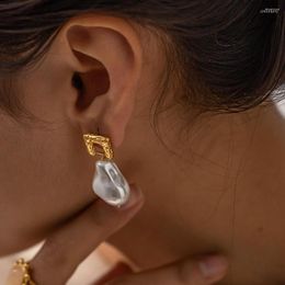 Hoop Earrings Uworld Baroque Pearl Drop Stainless Steel Irregular Square Texture Freshwater Earring