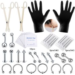 Navel Bell Button Rings 42pcsset Body Piercing Tool Kit Needles Clamp Gloves Pliers With Nipple Eyebrow Nose Belly Ring Jewellery 230628