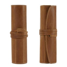 Bags Genuine Leather School Pencil Case Roll Pencilcase for Girls Boys Pen Bag Round Cartridge Box Stationery Kit Multi Cowhide Penal