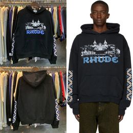 Men s Polos 2023ss Blue RHUDE Castle Print Black Cotton Terry Men Women Hoodie Sweatshirts Oversized Hooded Pullover 230629