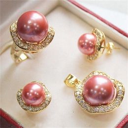 Wedding Jewellery Sets real Womens Pink shell Pearl Necklace Earring Ring Wholesale Set chain Jewellery 230627