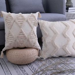 Cushion/Decorative Tassels Cushion Cover 45x45cm Beige Cover Handmade Geometric Square Home Decoration for Living Room Bed Room Zip Open R230629