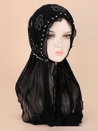 Ethnic Clothing Exquisite Pearl Black Tulle Butterfly Drill Bottoming Cap Diamond Set Head Muslim Beanie Sarong Temperament