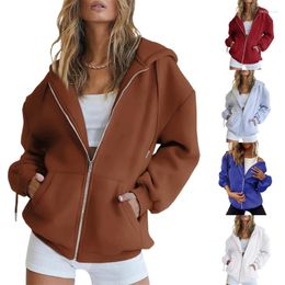 Women's Hoodies Women Casual Full Zip Up Hoodie Simple Solid Colour Loose Sweatshirts Y2K Teen Girl Long Sleeve Drawstring Jackets With