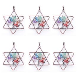 Pendant Necklaces 6Pcs/Lot 7 Chakra Reiki Tree Of Life Pendants Women Man Jewellery Natural Chips Gem Stone Five Pointed Star Metal Copper IN3