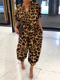 Women's Jumpsuits Rompers 2023 Summer Romper Women Sexy Leopard Print Retro Jumpsuits Short Sleeve Casual Loose Buttons Cargo Pants Vintage Overall J230629